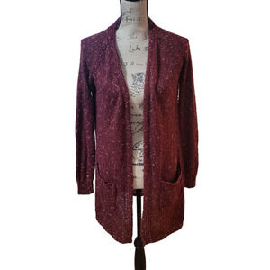 Knox Rose burgundy and white open front knit cardigan with pockets, size XS